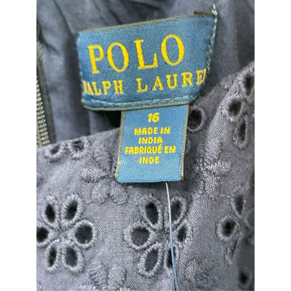 Ralph Lauren Dress Kids Girls Size 16 Navy Blue Eyelet Flutter Sleeve‎ New - Picture 6 of 11